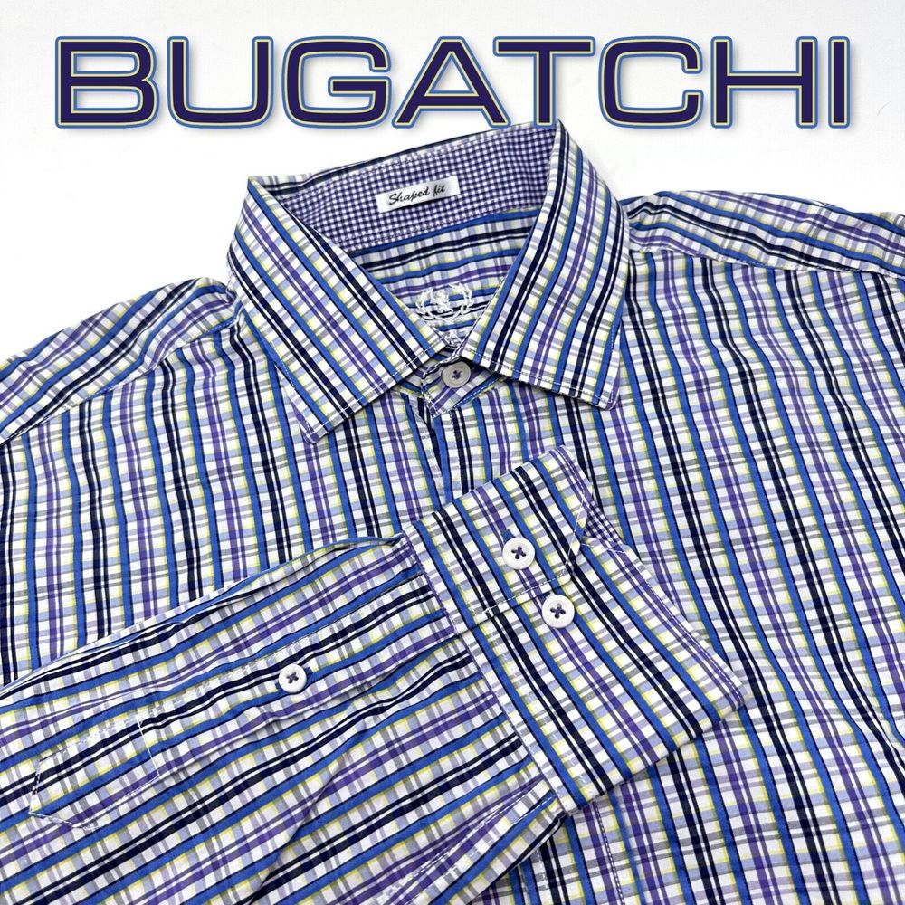 Bugatchi Blue Purple Yellow‎ Striped Long Sleeve Button Up Shirt Mens Medium